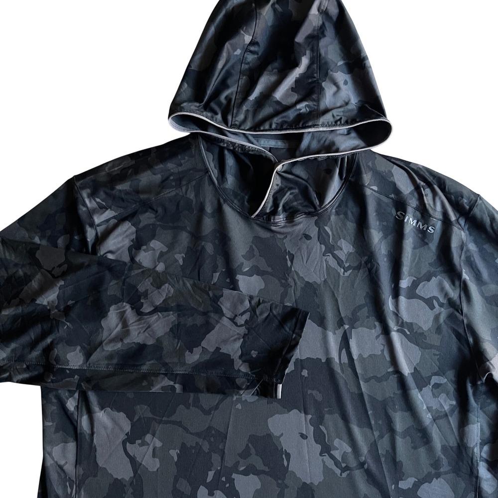 Simms SolarFlex Hoodie Mens Large Gray Camo Fishing Sun Shirt UPF 50 Gorpcore